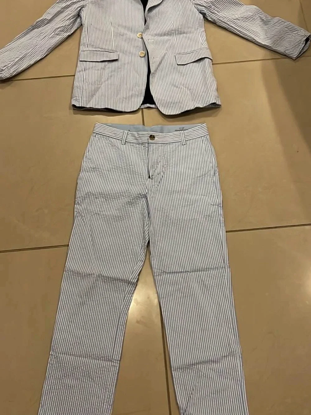 Vineyard Vines Striped Two-Piece Blazer and Pants Set in Light Blue and White
